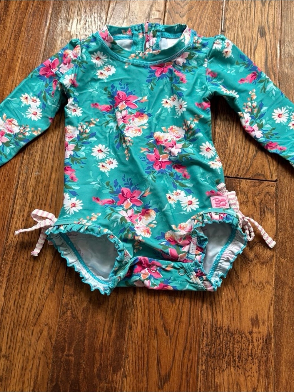 Rufflebutts 6-12 Months Baby Girl Swimsuit Teal Green Floral One Piece UPF